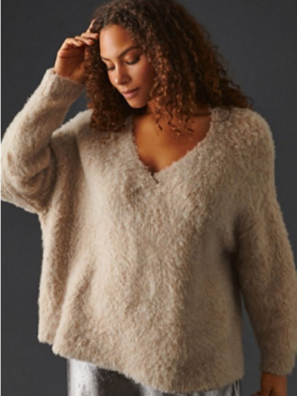 Anthropologie Maeve Plush V Neck Sweater Size XS Fuzzy Oversized Wool Tan
